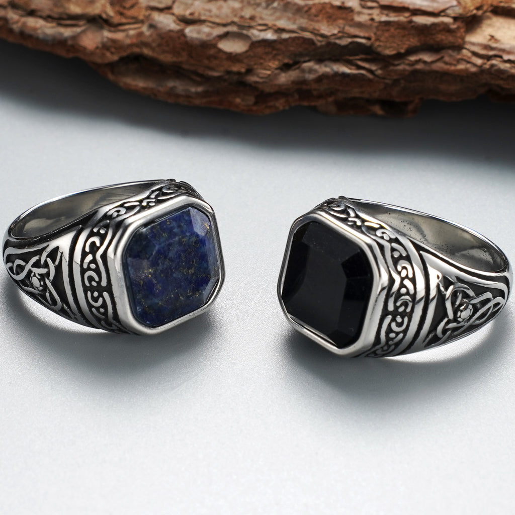 Men's stainless steel ring with black synthetic stone - top view with size reference 15.9mm
