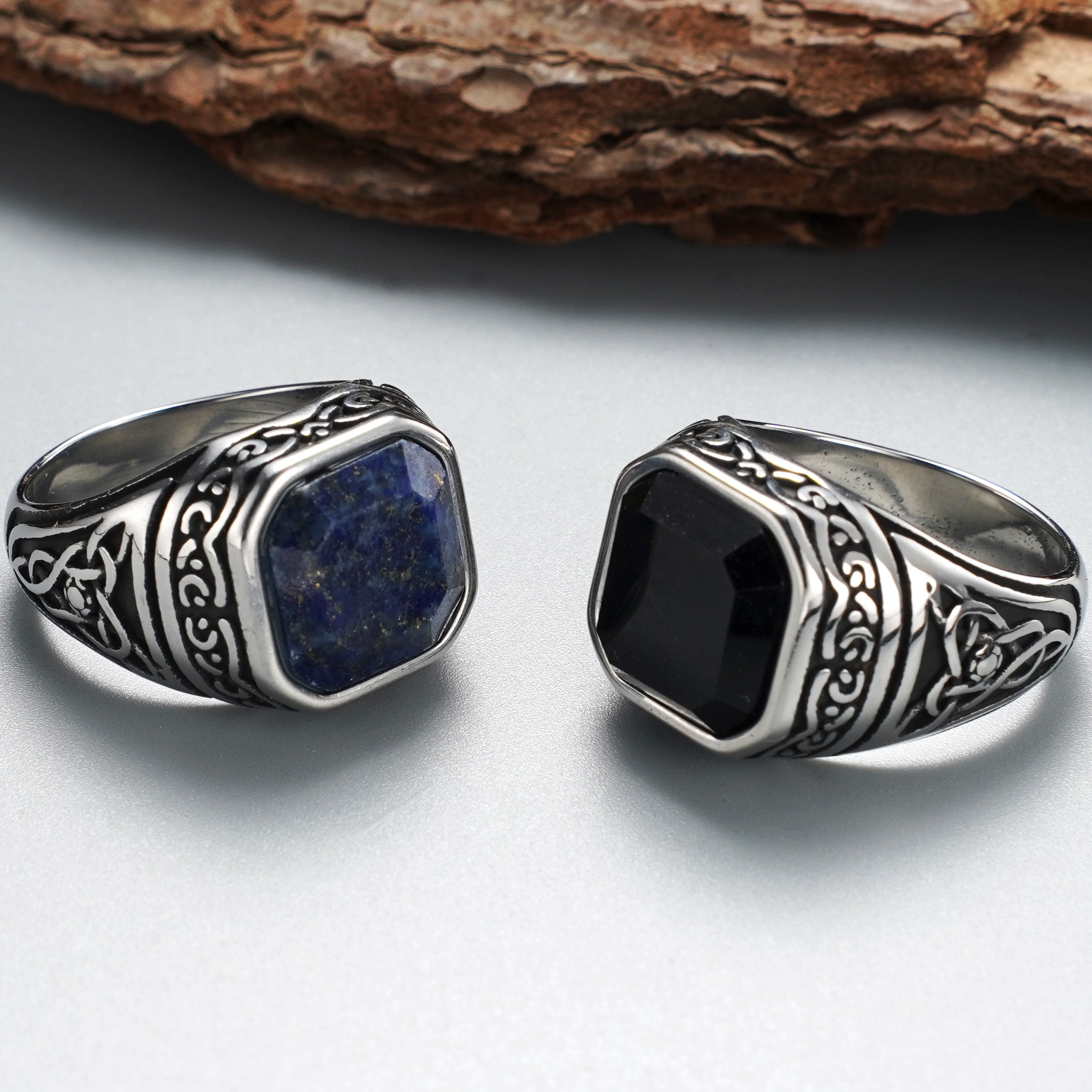 Men's stainless steel ring with black synthetic stone - top view with size reference 15.9mm