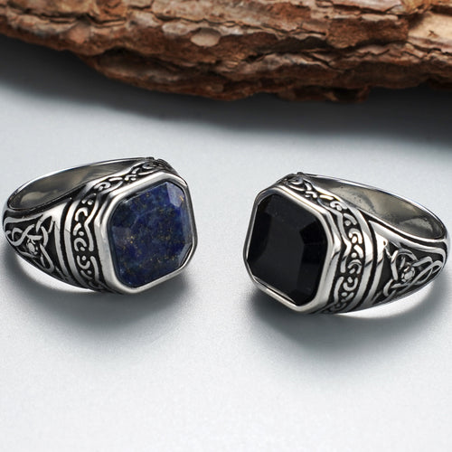 Men's stainless steel ring with black synthetic stone - top view with size reference 15.9mm