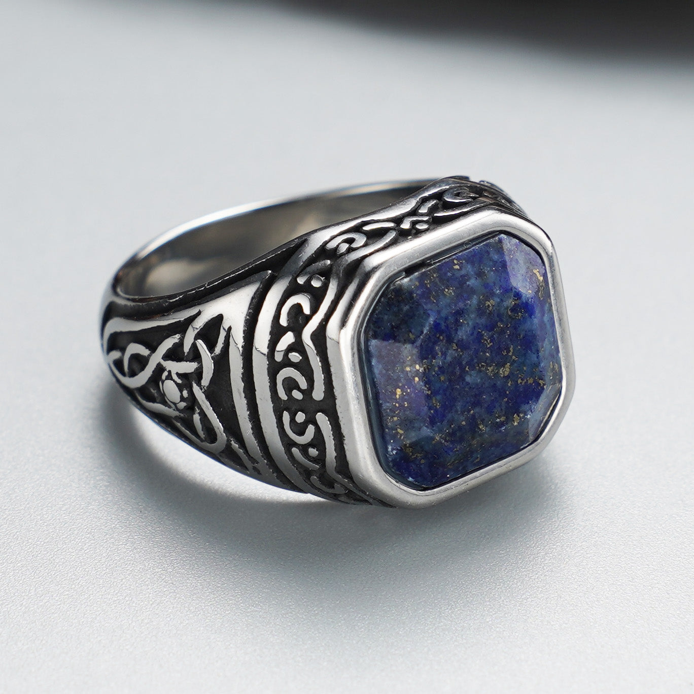 Men's stainless steel ring with blue synthetic lapis lazuli stone - front angle view
