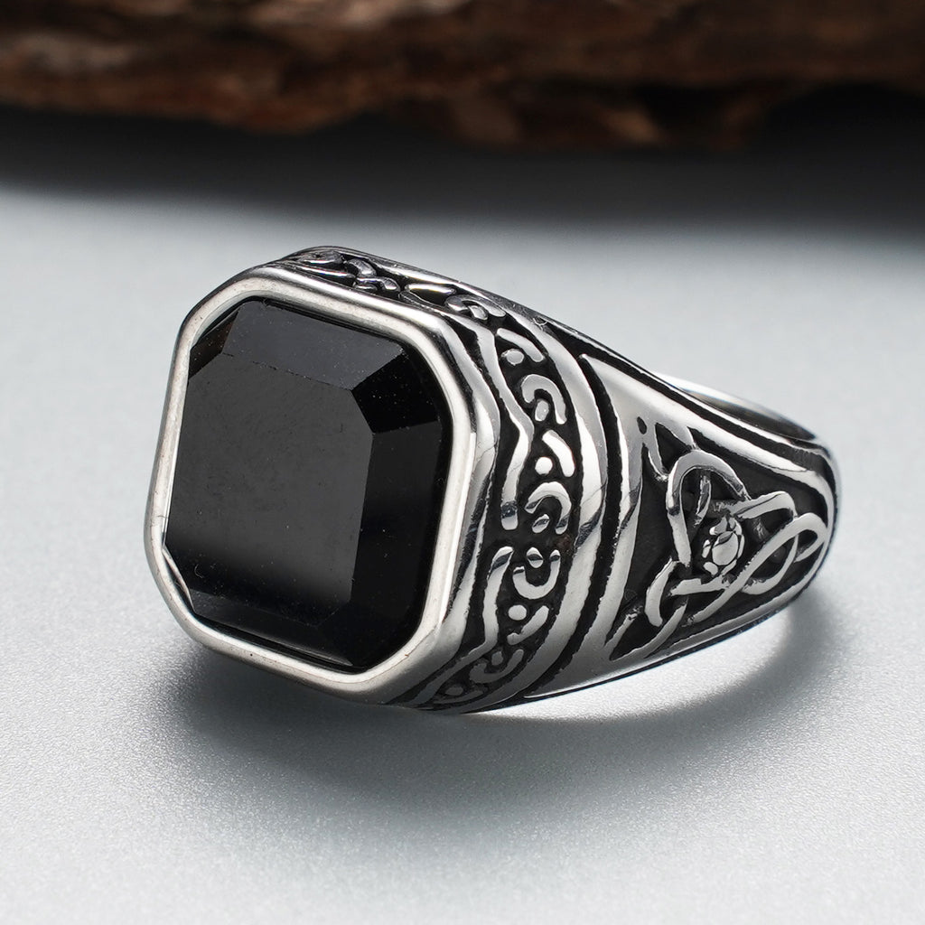 Men's stainless steel ring with black synthetic stone - lifestyle angle view